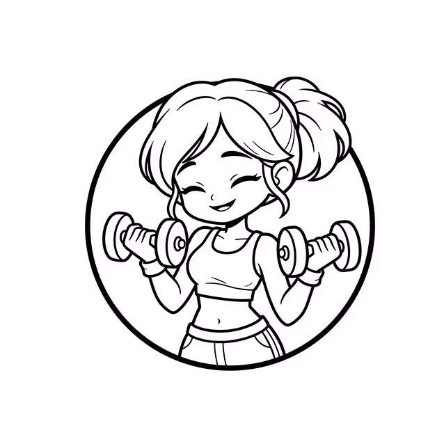 Girl in workout clothes lifting two dumbbells coloring page