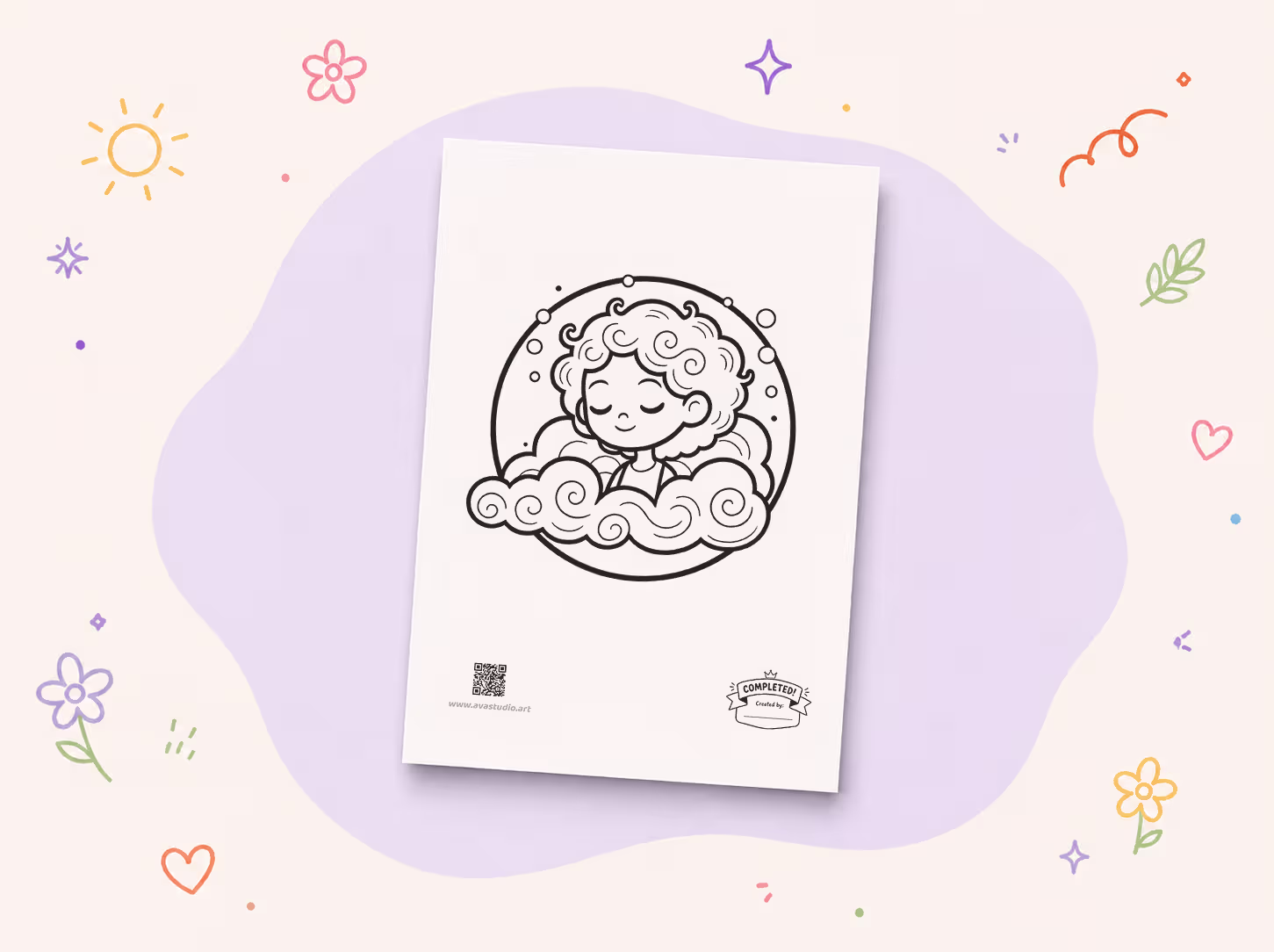 Printed girl sitting among clouds coloring page on decorative background