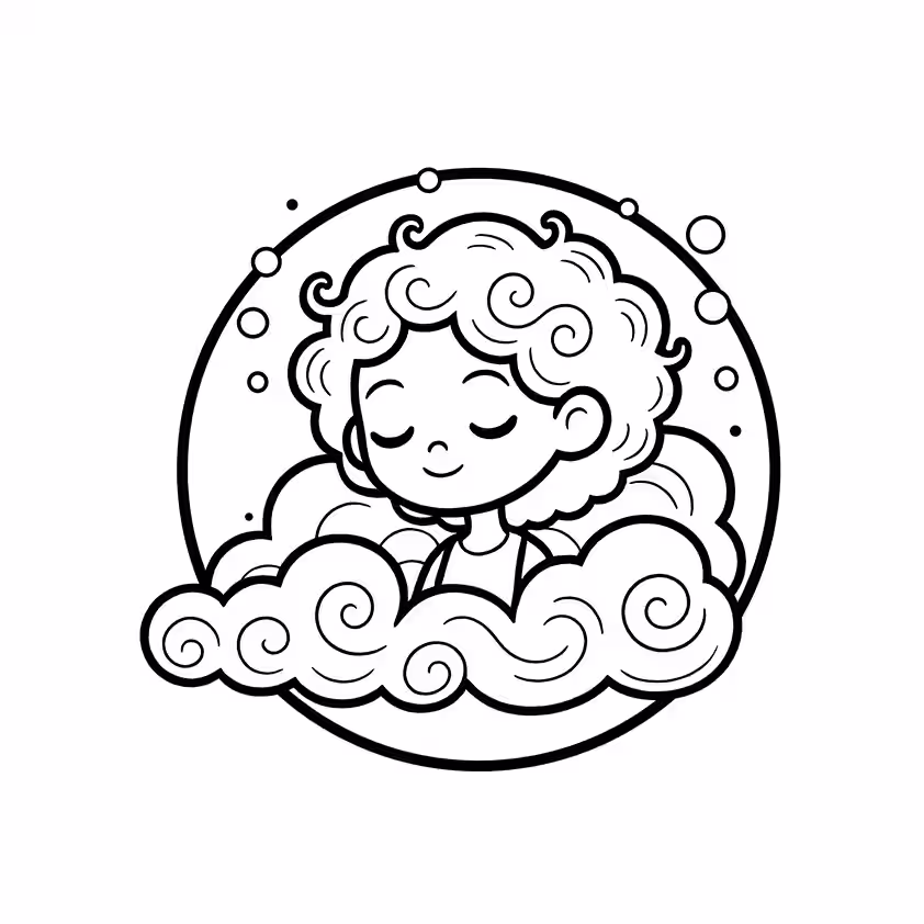 Curly-haired girl sitting among fluffy clouds coloring page