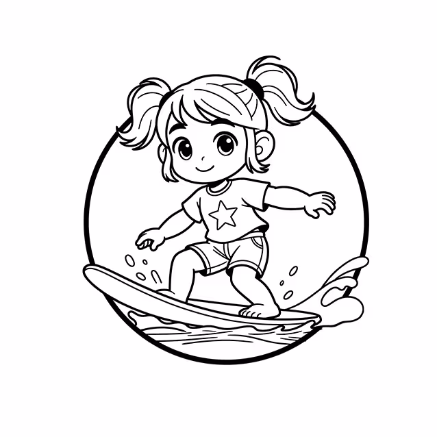 Girl balancing on a surfboard while riding an ocean wave coloring page