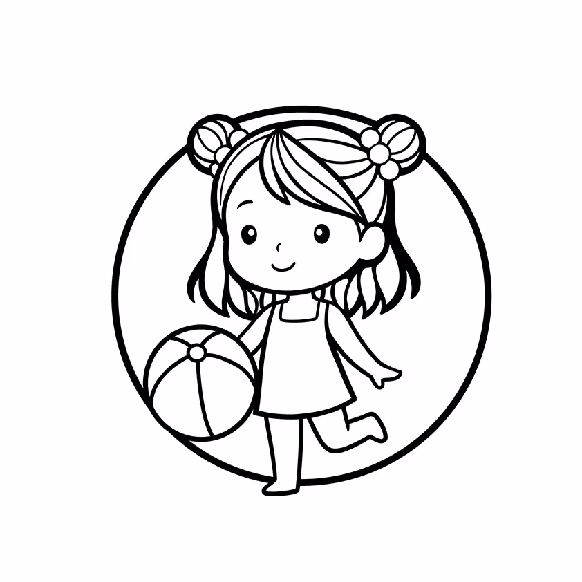 Cheerful girl holding a large beach ball inside a circular frame coloring page