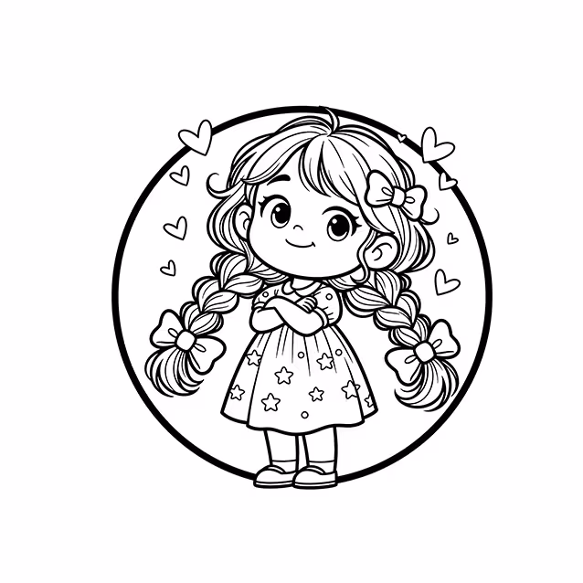 Girl with long braided pigtails, bows, star dress, and floating hearts coloring page