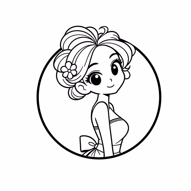 Girl with elegant hair bun, flower accessory, and large bow coloring page