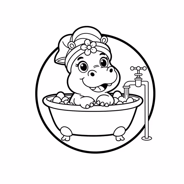 Smiling hippo with flower sitting in a bubbly bathtub coloring page