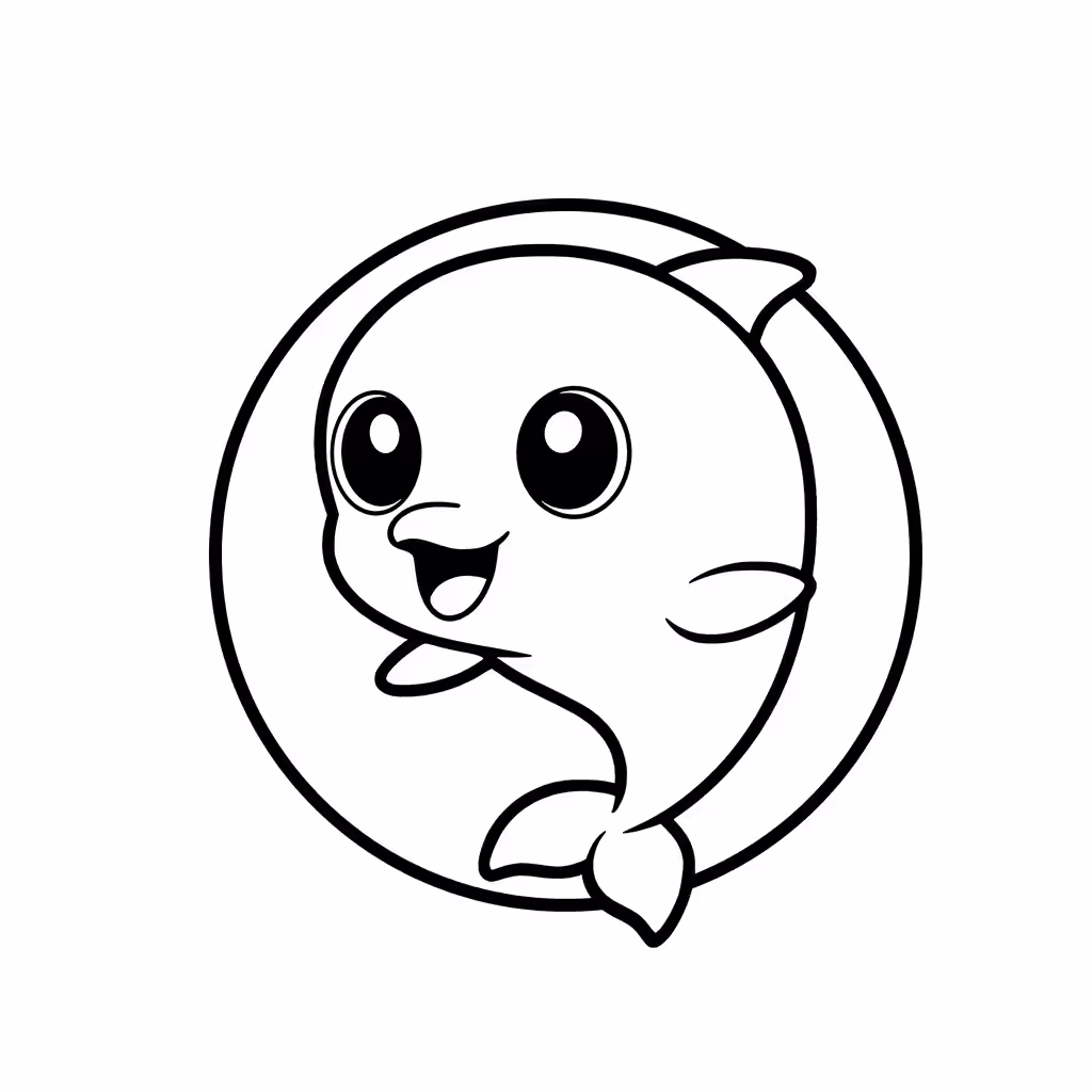 Smiling cartoon dolphin jumping through a circular frame coloring page