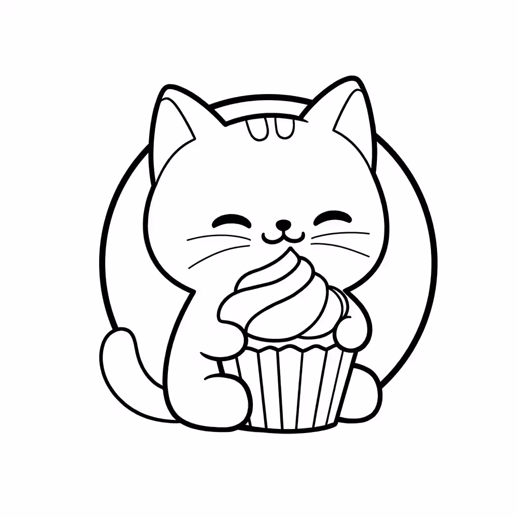 Happy kitten holding a large frosted cupcake with both paws coloring page