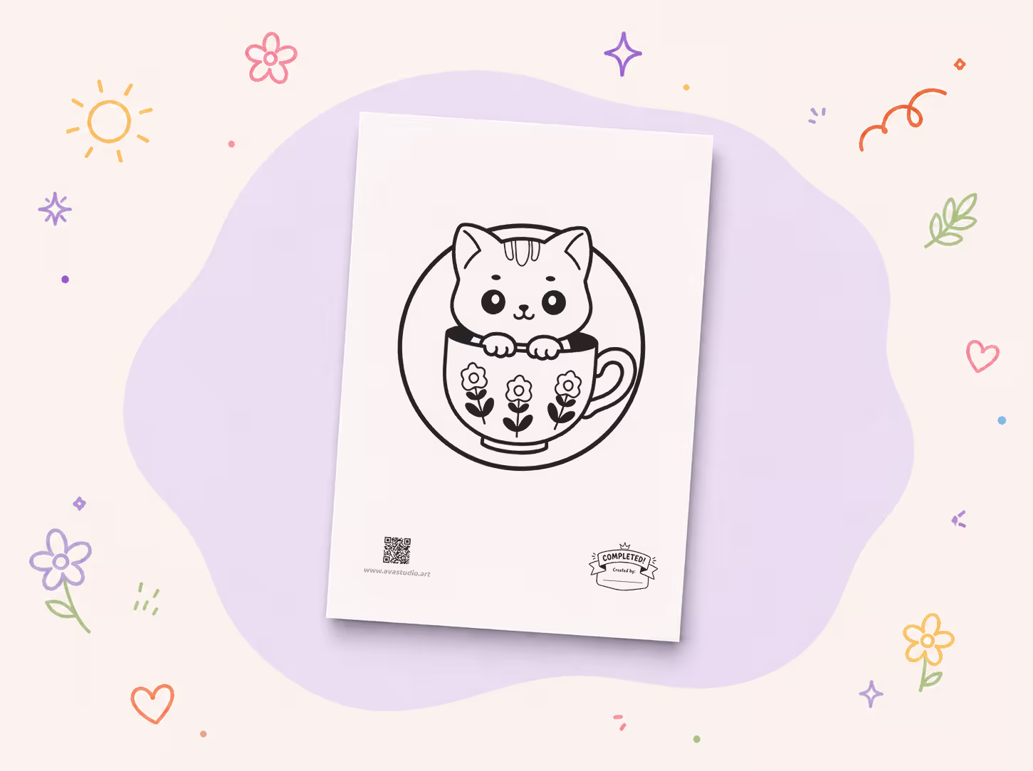 Printed kitten in flower teacup coloring page on a decorative background