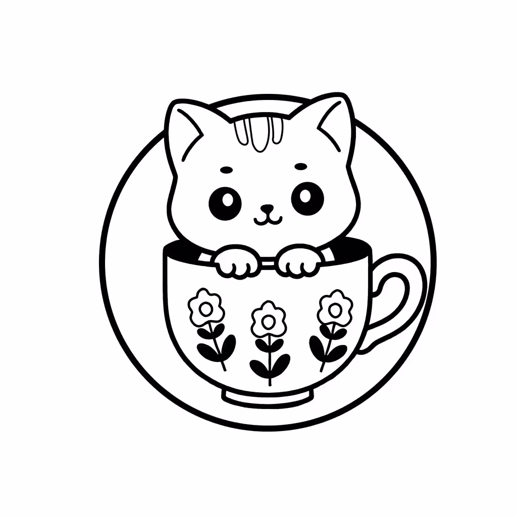 Cute kitten peeking from a flower-decorated teacup coloring page