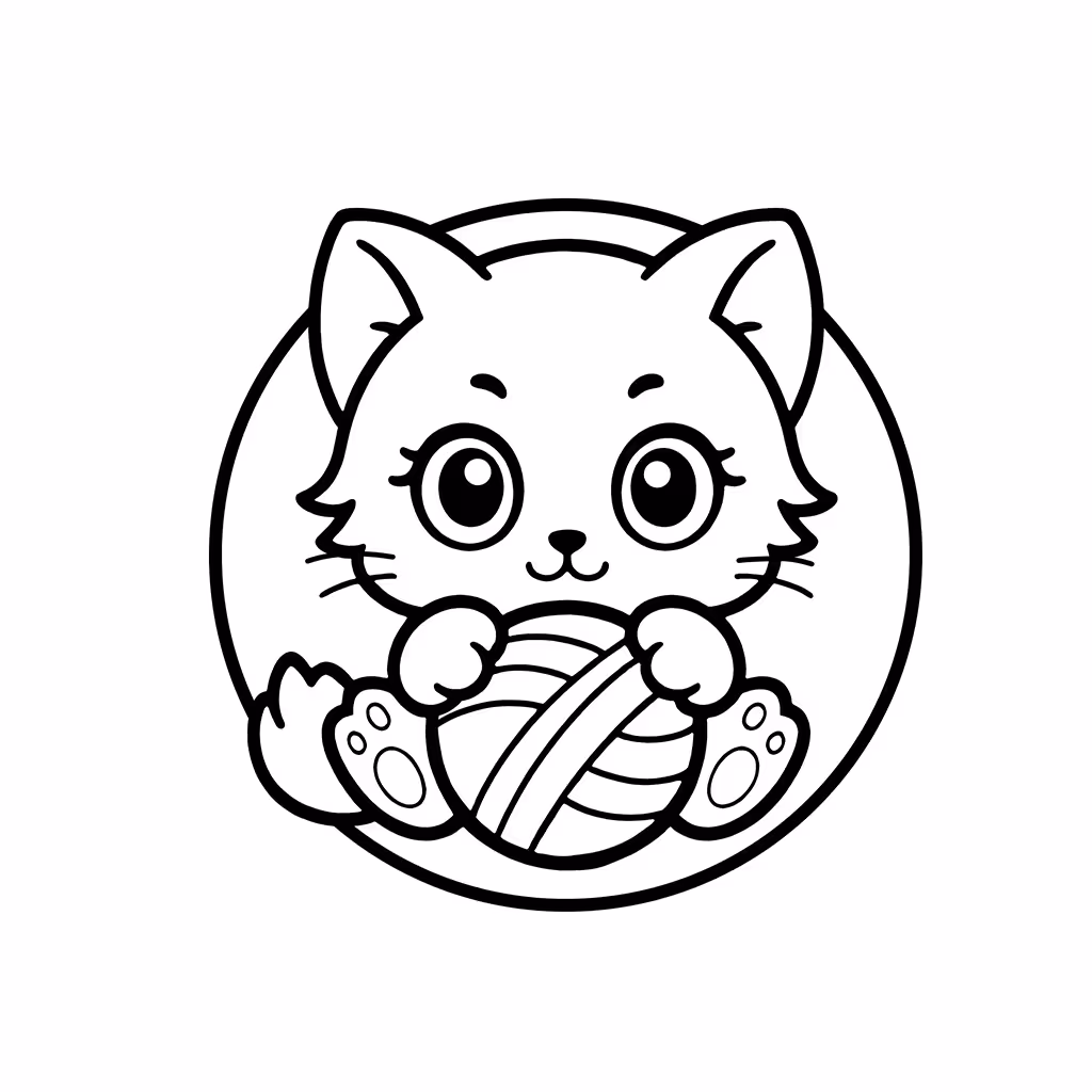 Playful kitten holding a large ball of yarn coloring page