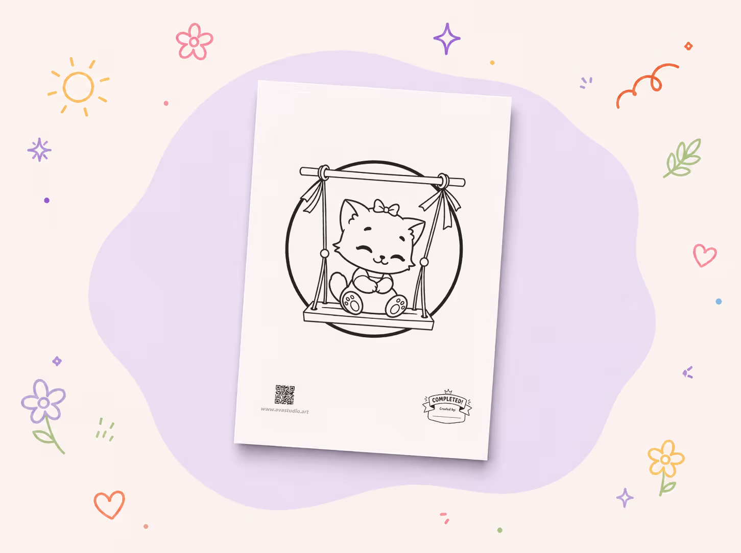 Printed kitten sitting on a swing coloring page on decorative background