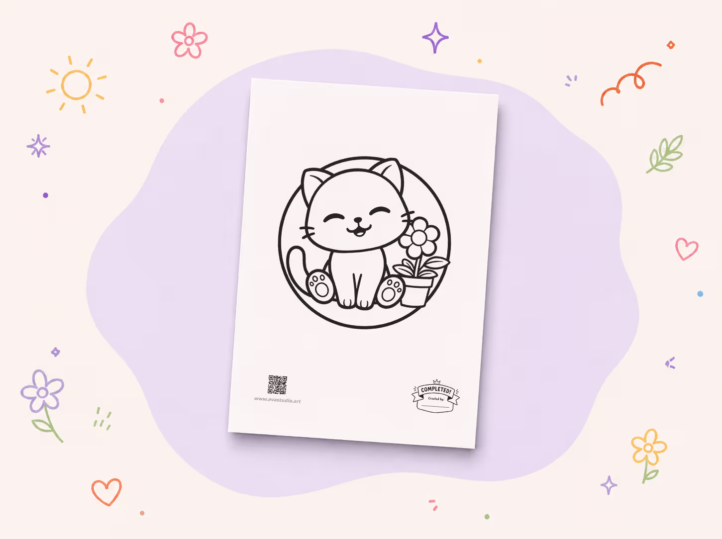 Printed kitten with potted flower coloring page on a decorative background