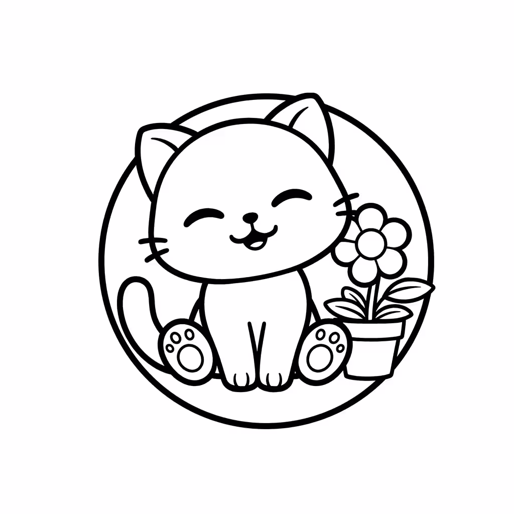 Happy kitten sitting beside a blooming potted flower coloring page