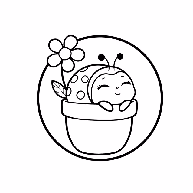 Smiling ladybug in a flower pot beside a tall flower coloring page