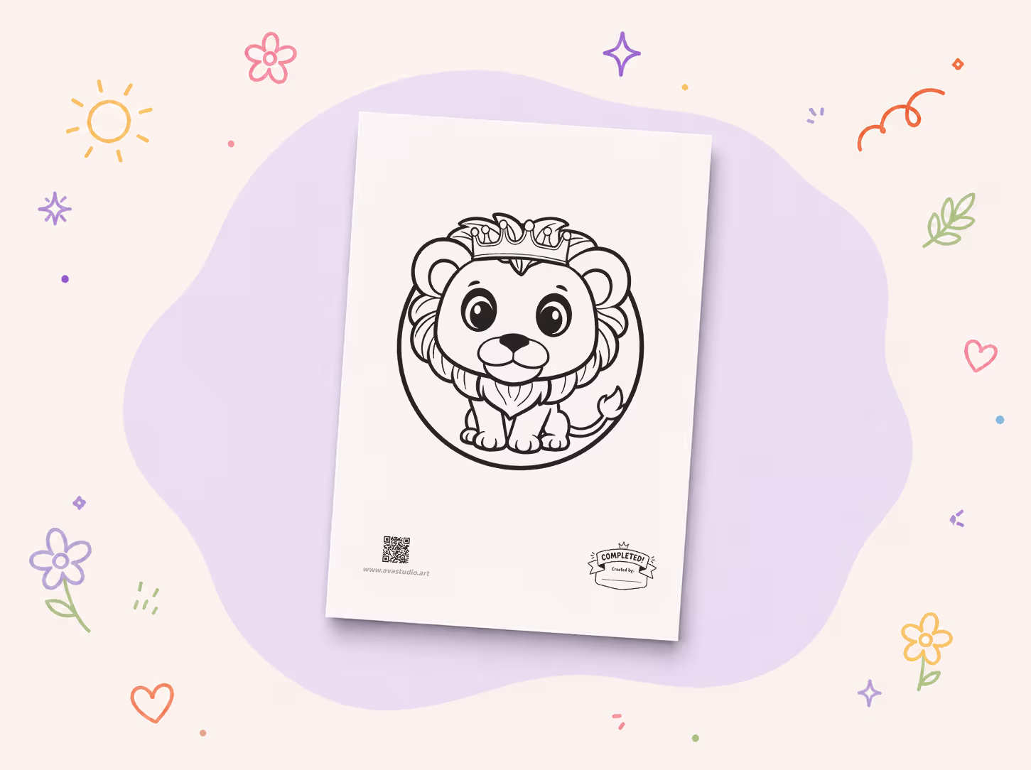 Printed lion wearing a crown coloring page on a decorative background