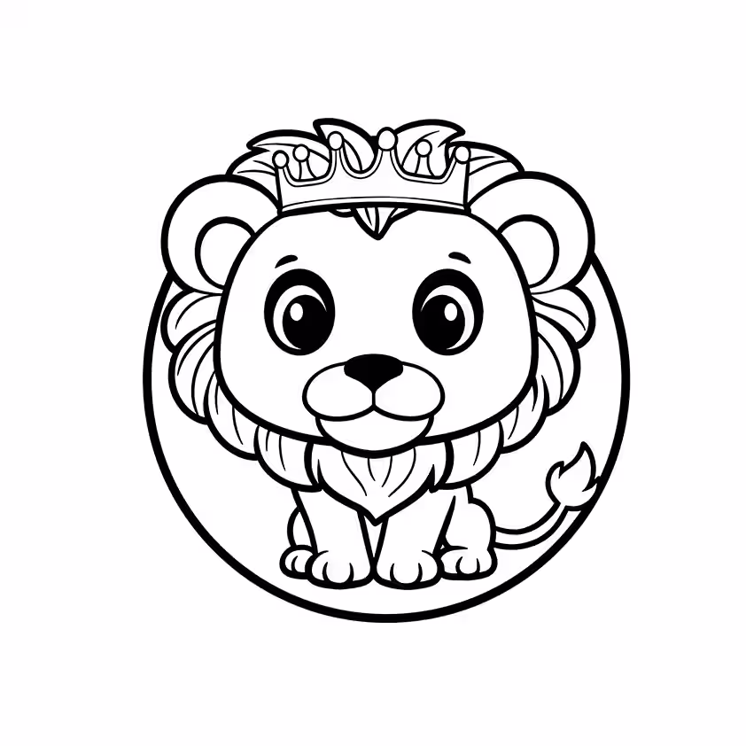 Friendly lion with fluffy mane wearing a royal crown coloring page