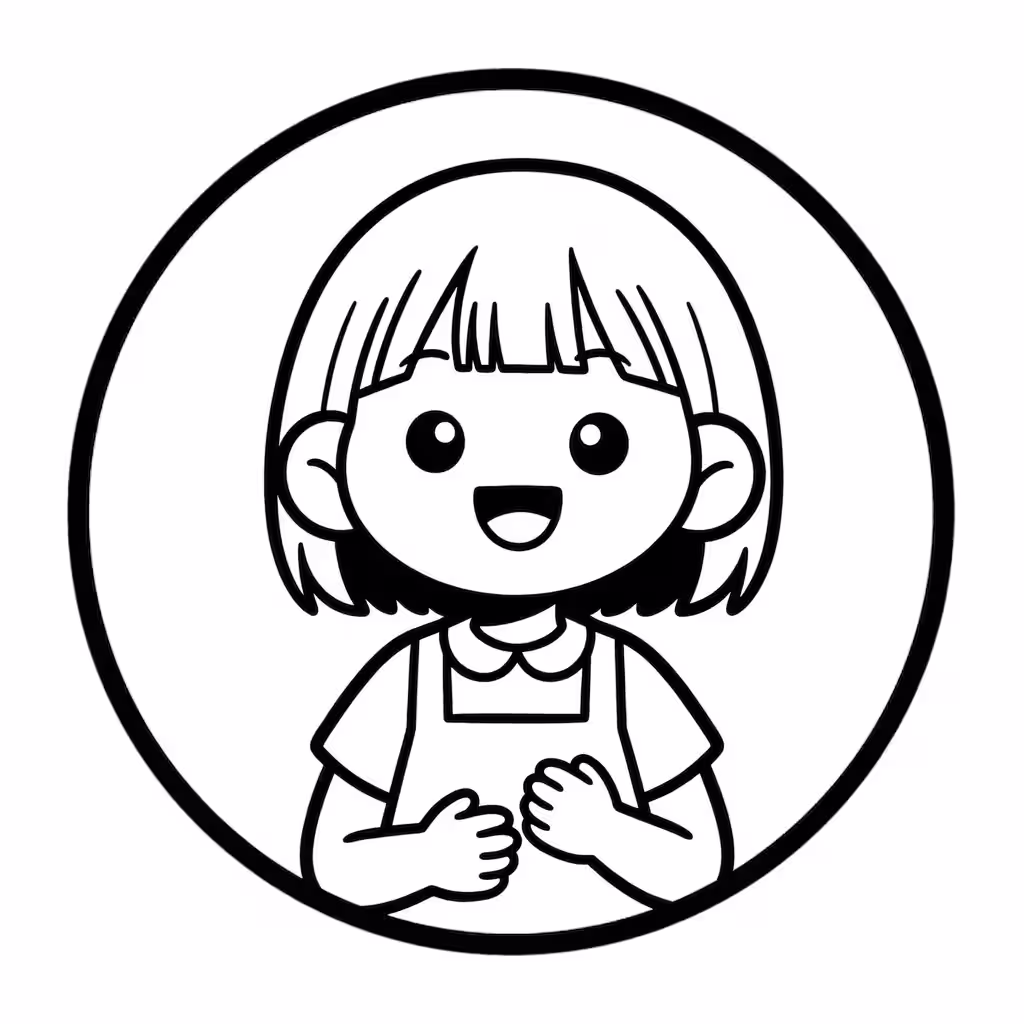 A black-and-white line-art coloring page featuring a happy little girl with short hair and bangs enclosed in a circular frame.
