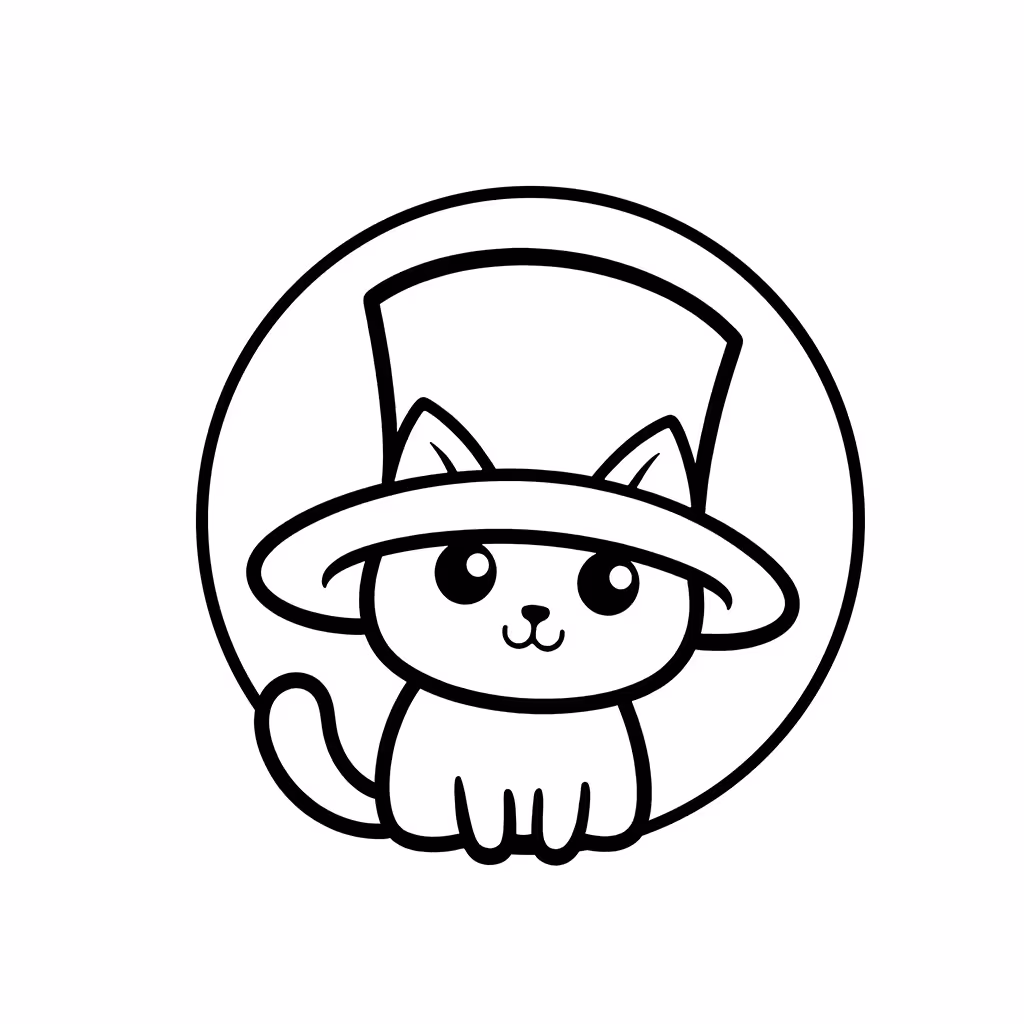 Cute kitten wearing a large magician top hat with small worm coloring page