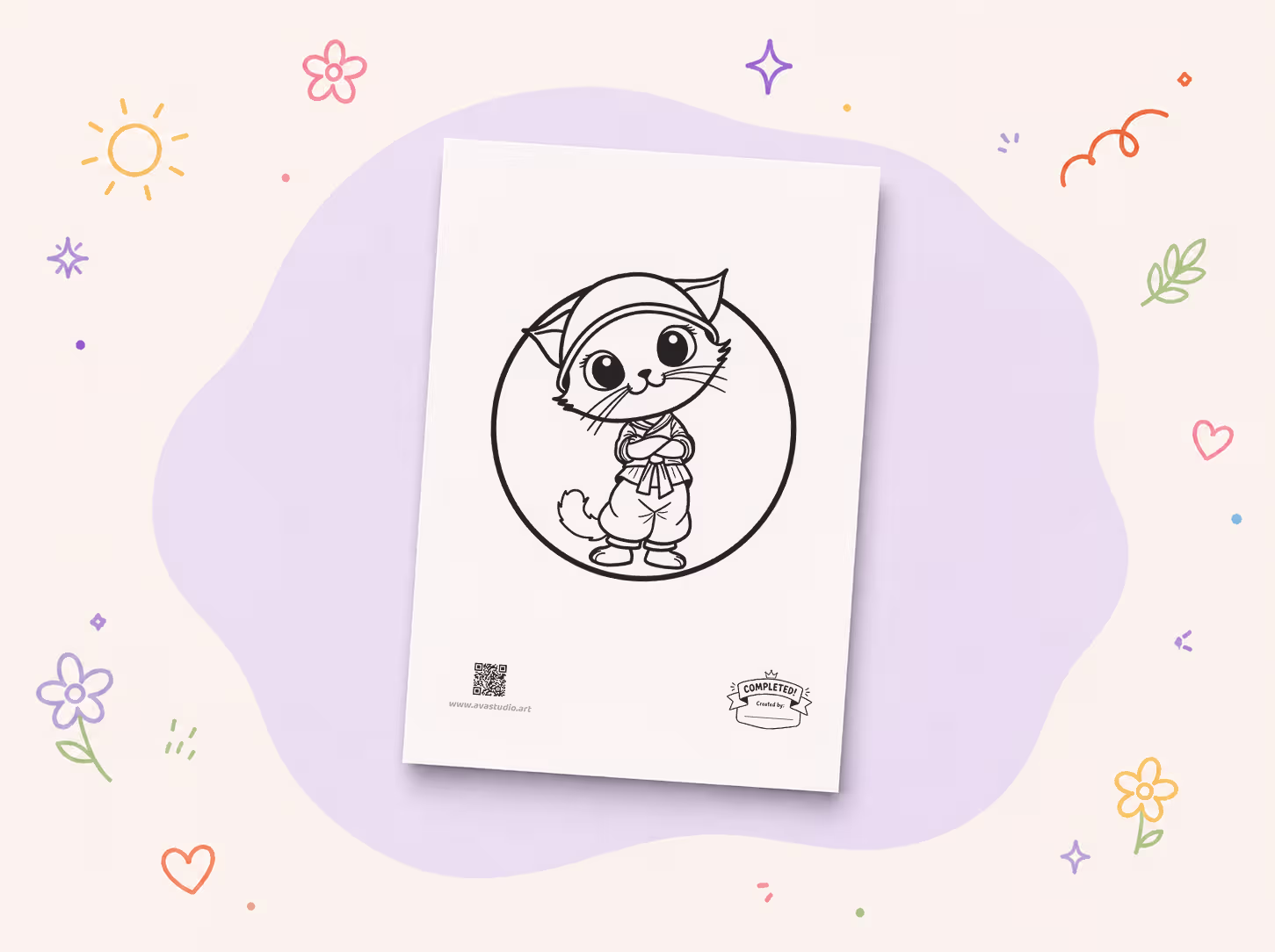 Printed martial artist cat coloring page on a decorative background