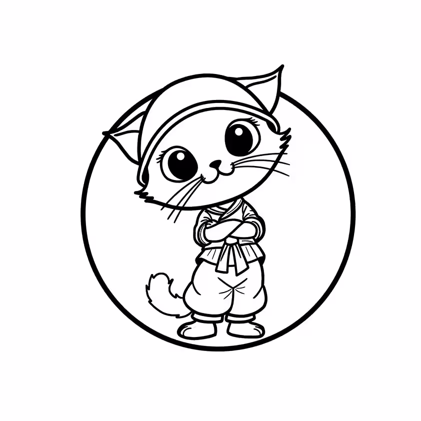Cat wearing a headband and martial arts outfit coloring page