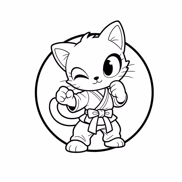 Cat wearing martial arts uniform and tied belt in fighting pose coloring page