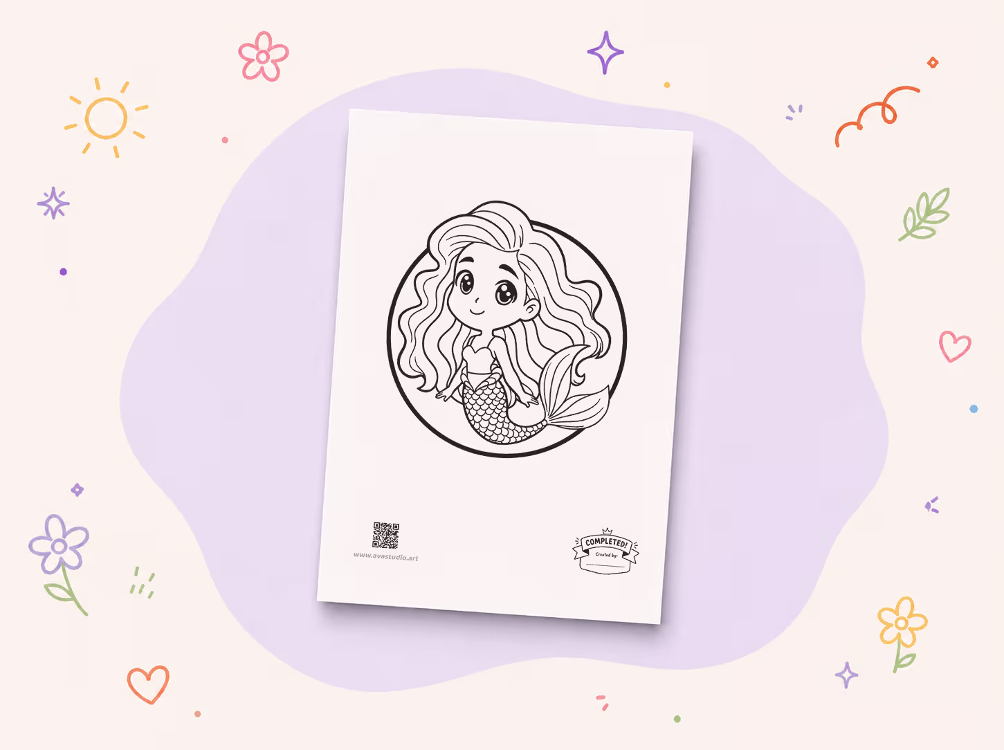 Printed mermaid with long wavy hair coloring page on decorative background