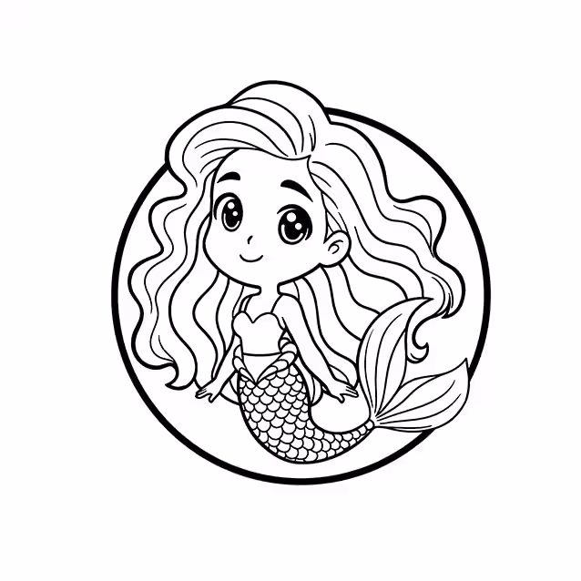 Mermaid with long wavy hair, scaled tail, and flowing fins coloring page