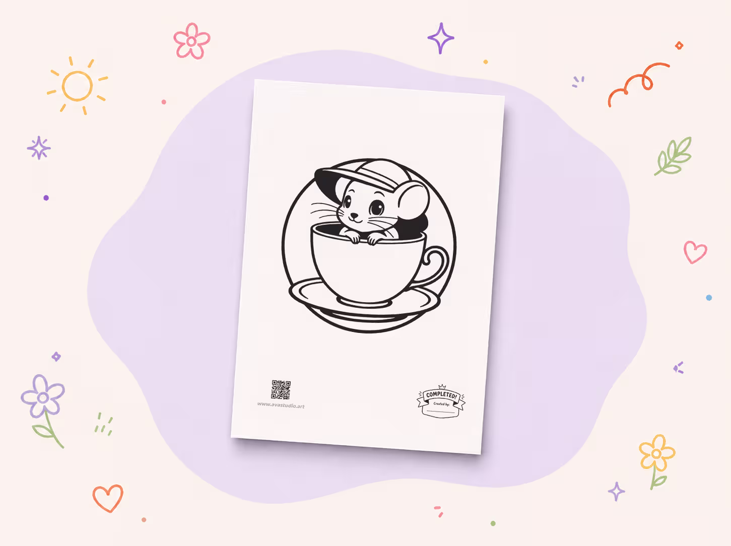 Printed mouse in teacup coloring page on a decorative background