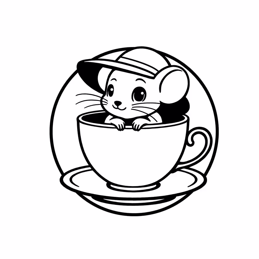 Mouse wearing a hat and peeking from a large teacup coloring page