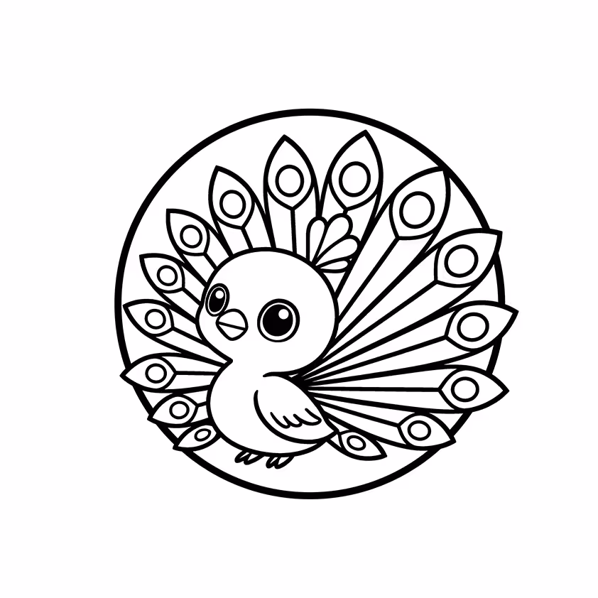 Peacock displaying a wide decorative tail with patterned feathers coloring page