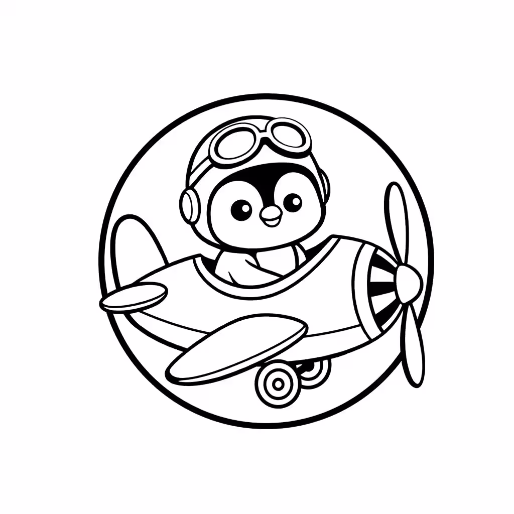 Penguin wearing pilot goggles while flying a propeller airplane coloring page