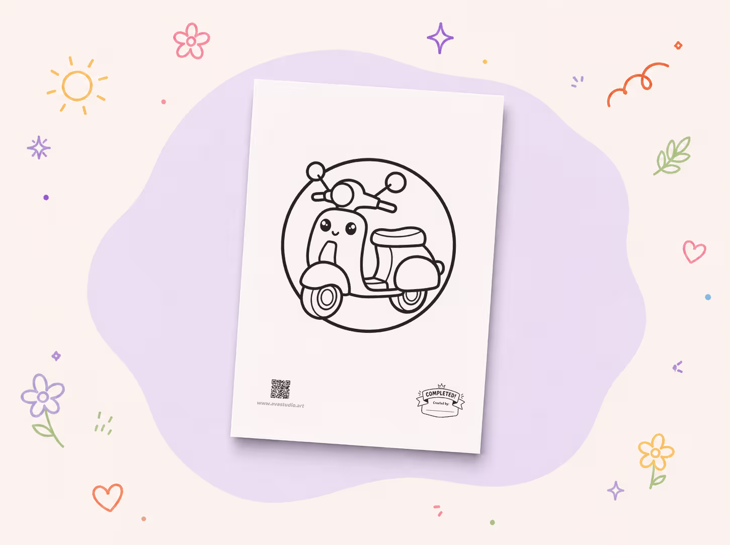 Printed retro scooter coloring page displayed on a decorative background