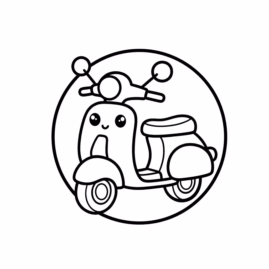 Rounded retro-style scooter with a smiling face coloring page