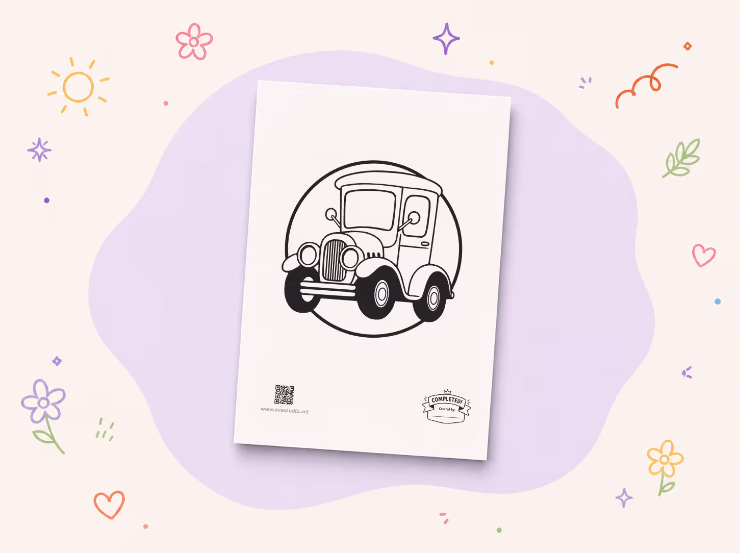 Printed rounded vintage car coloring page on a decorative background
