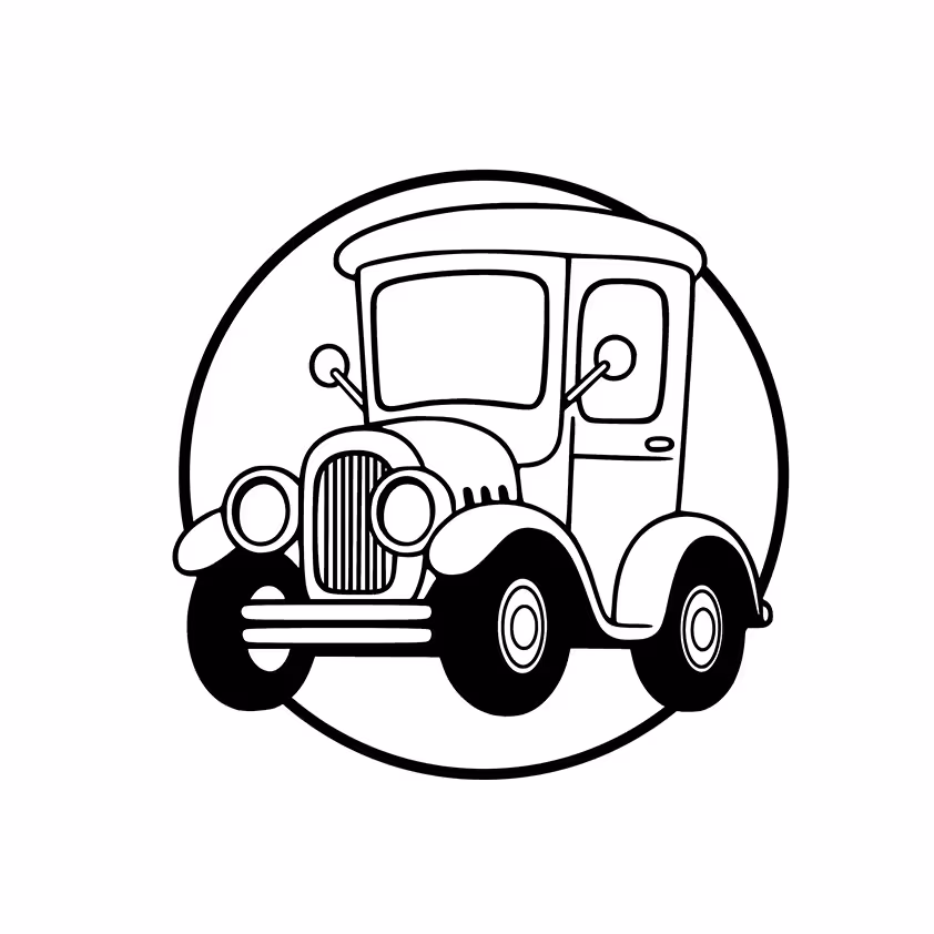 Rounded vintage car with simple retro details inside a circular frame coloring page