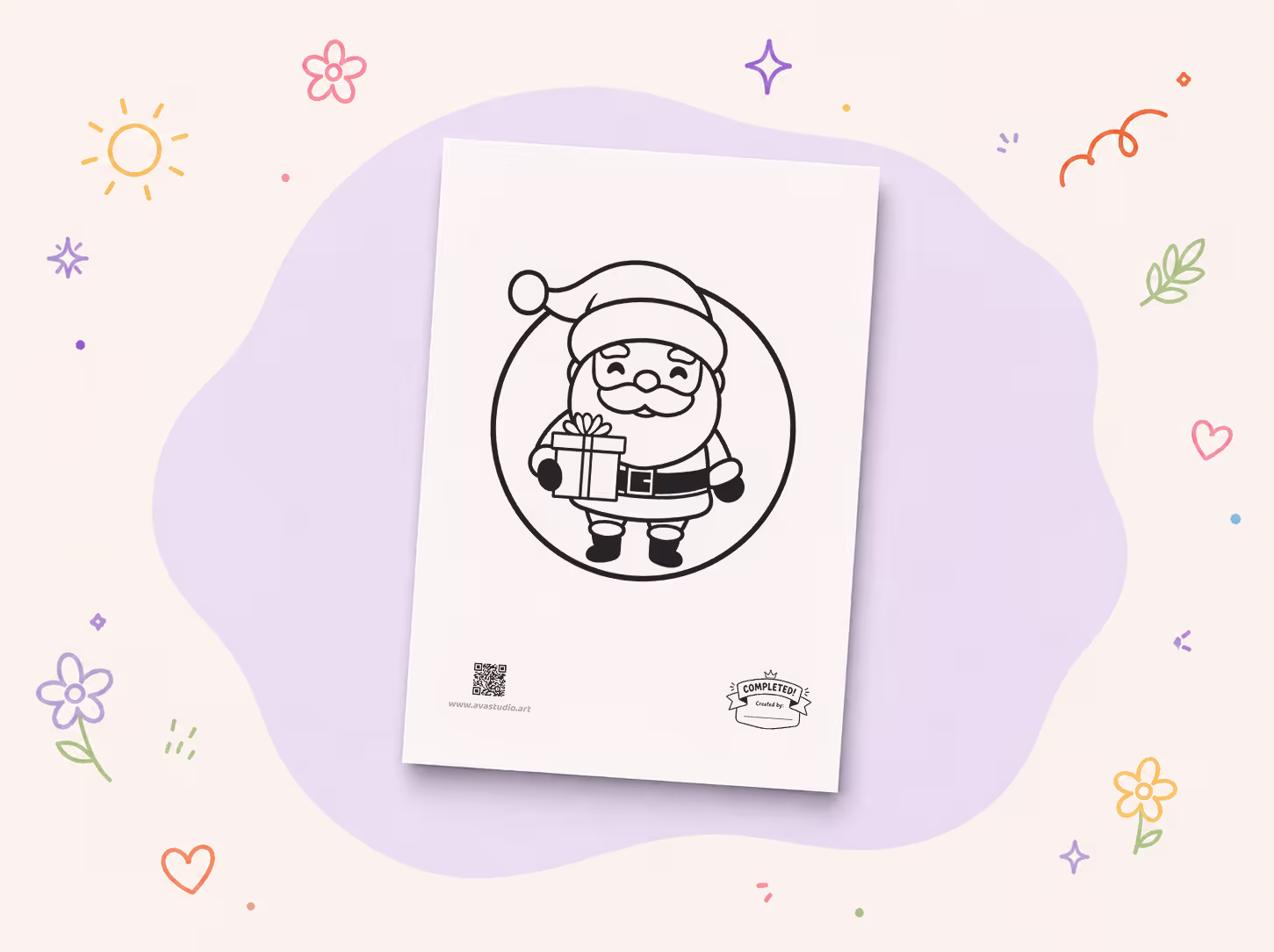 Printed Santa Claus holding gift coloring page on decorative background
