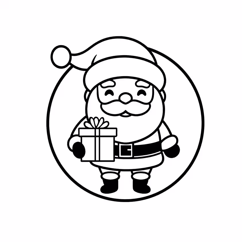 Cheerful Santa Claus holding a wrapped Christmas gift coloring page