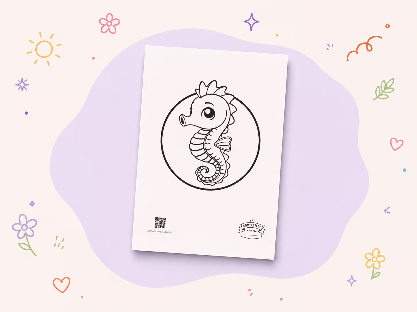 Printed cute seahorse coloring page on a decorative background