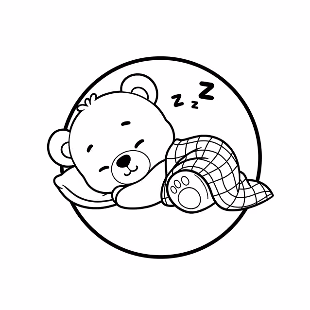 Sleeping bear resting on pillow beneath a checkered blanket coloring page