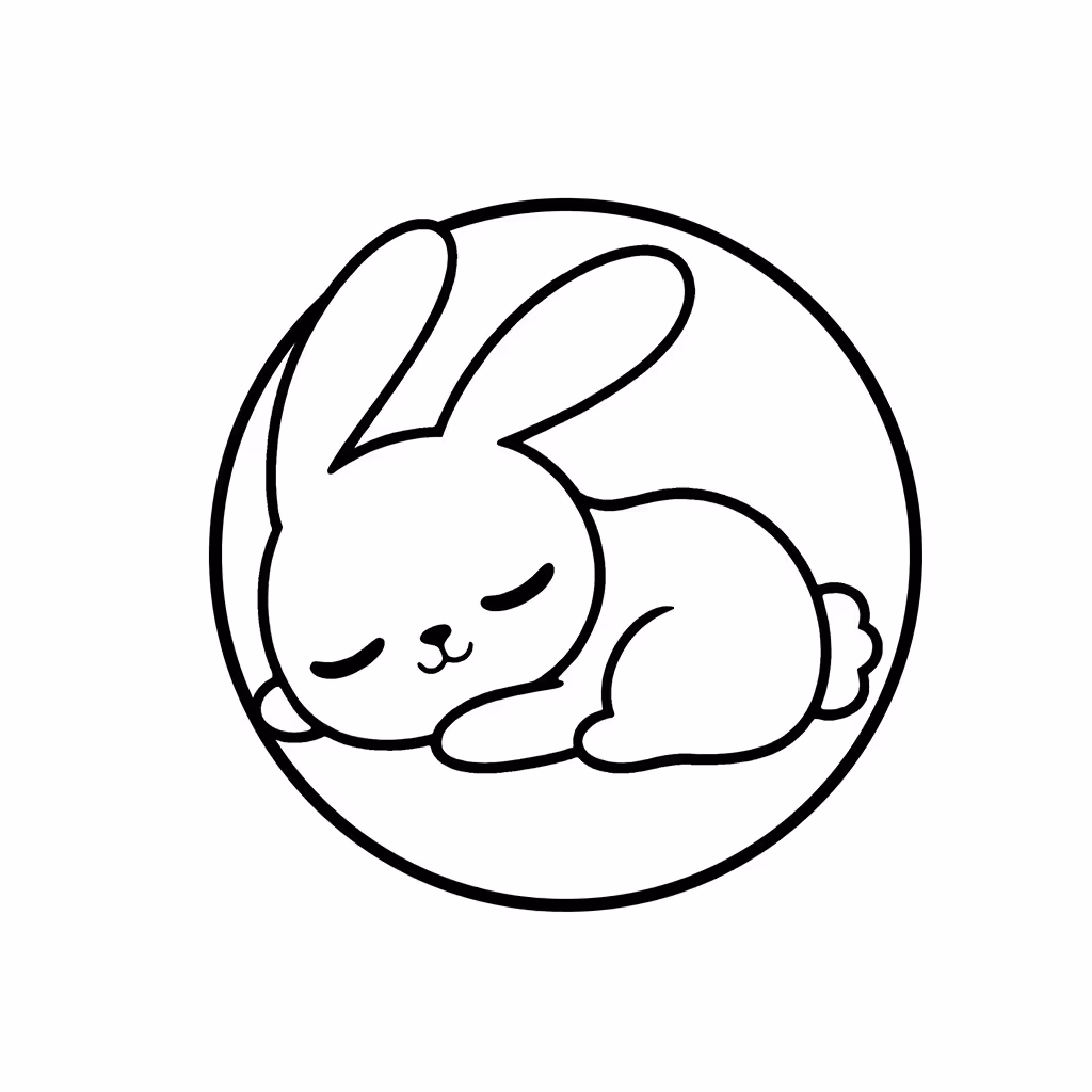 Sleeping bunny curled up inside a circular frame coloring page