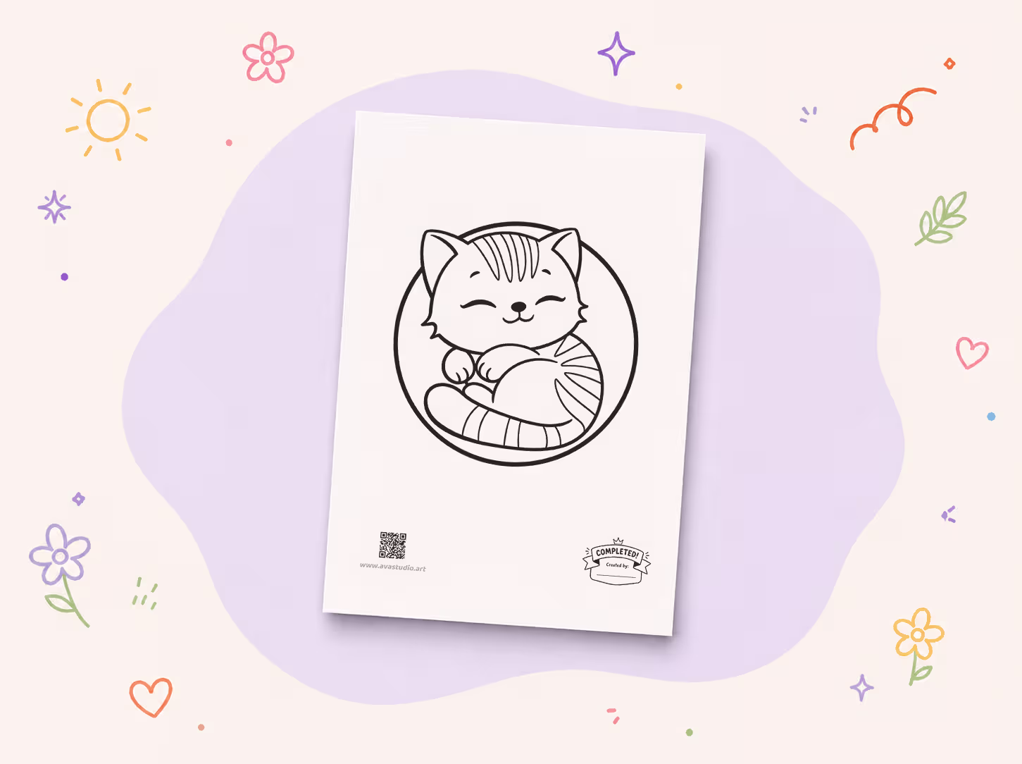 Printed sleeping kitten on cushion coloring page on decorative background