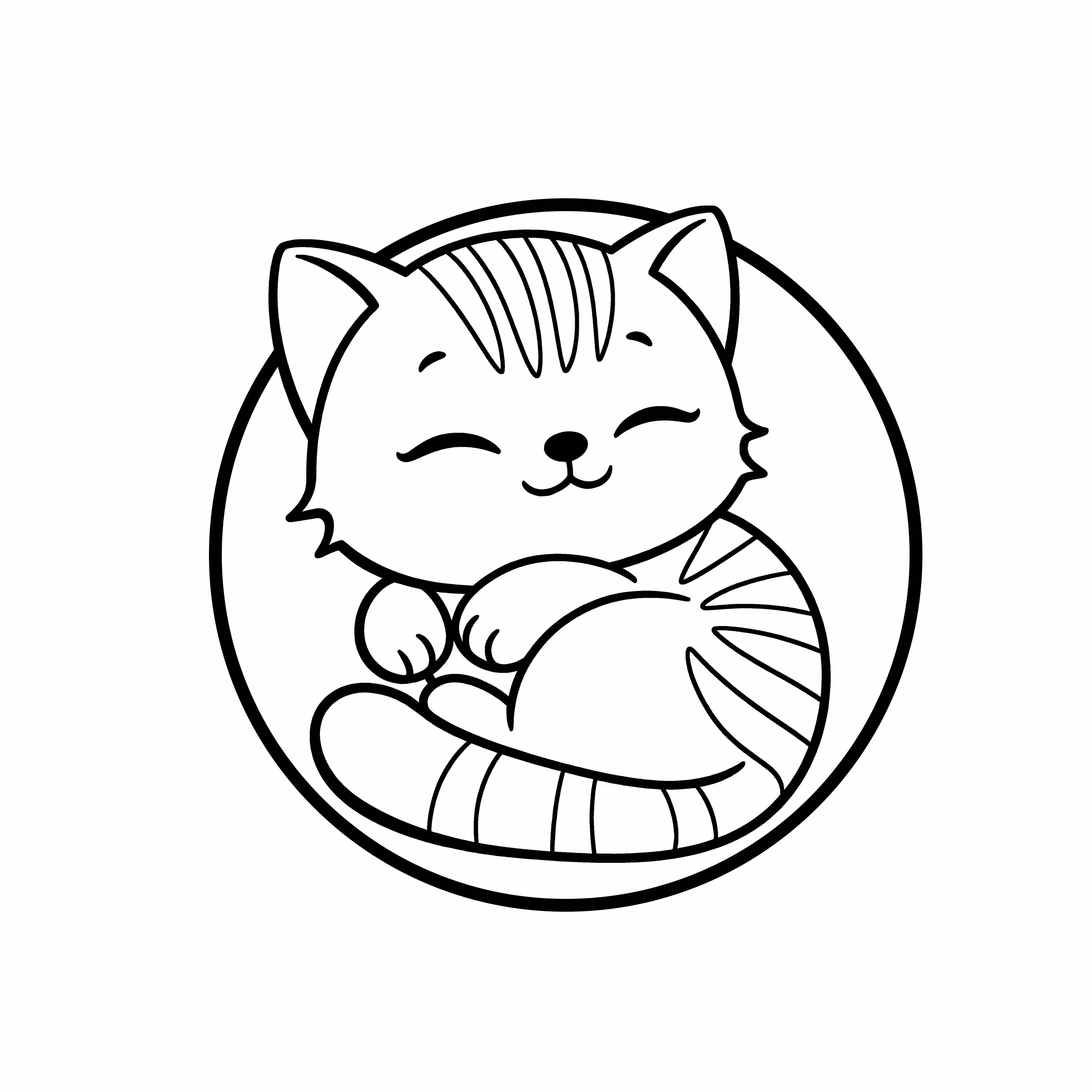 Sleeping kitten curled up on a soft cushion coloring page