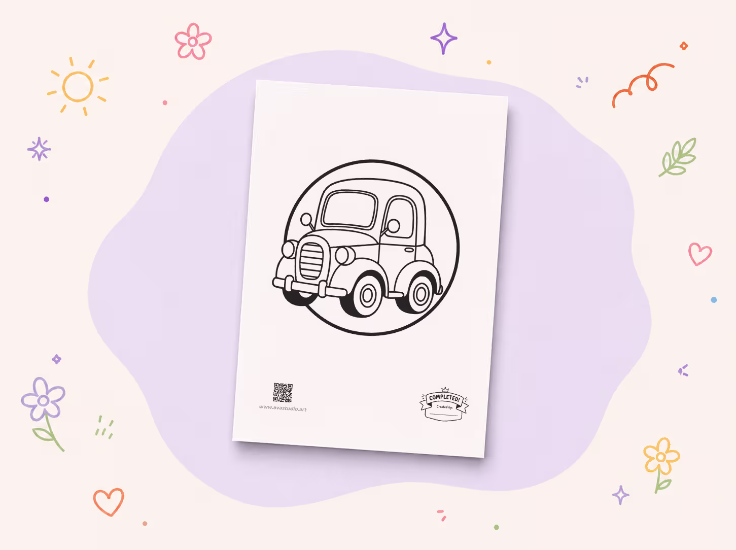Printed vintage car coloring page displayed on a decorative background