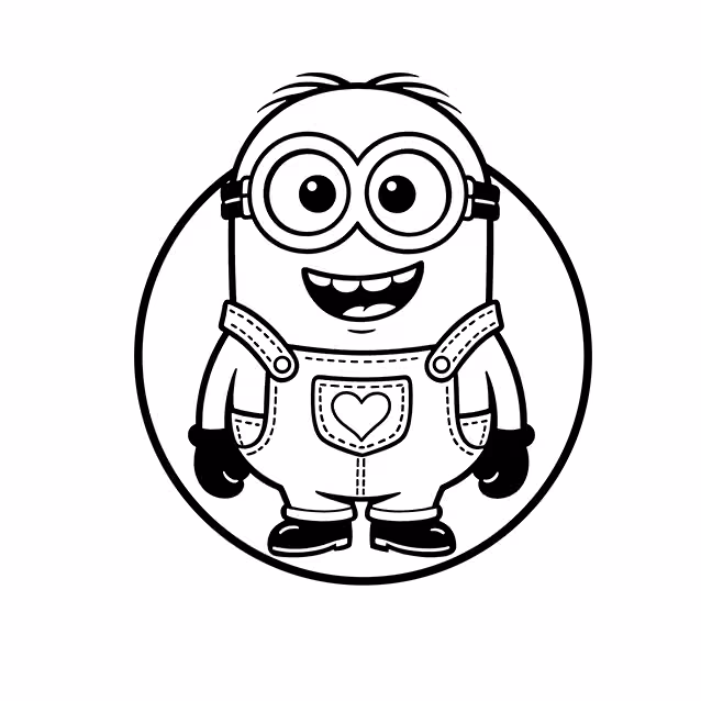 Smiling Minion with large goggles and heart-decorated overalls coloring page