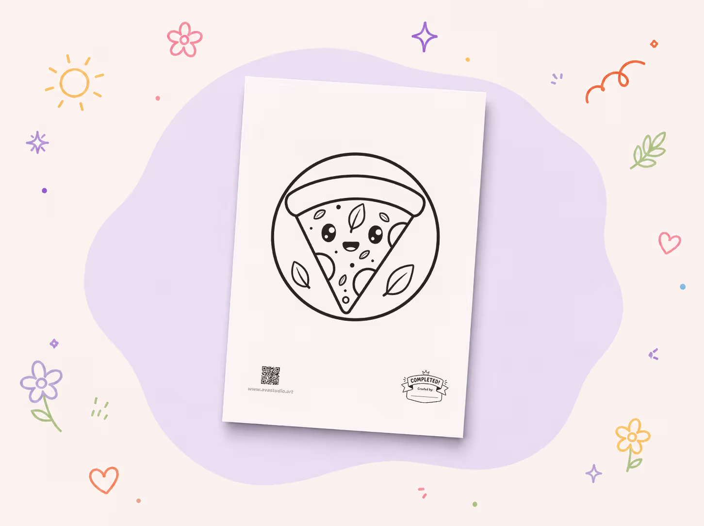 Printed smiling pizza slice coloring page on a decorative background