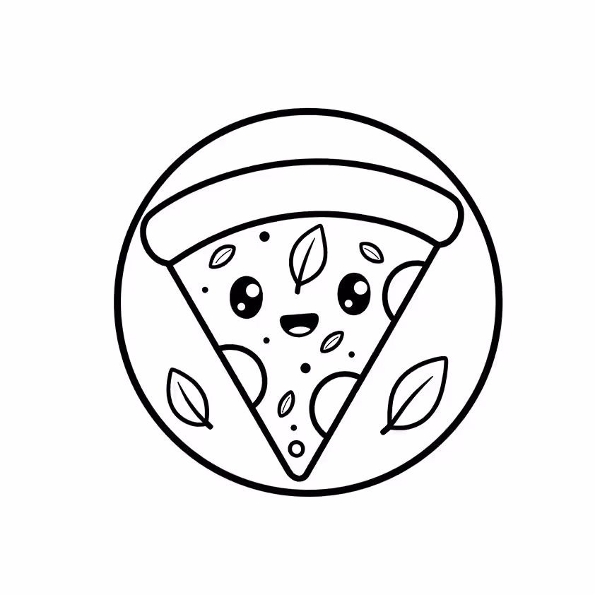Smiling pizza slice character with simple toppings coloring page