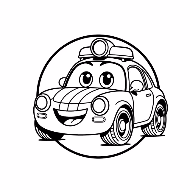 Smiling cartoon police car with roof lights and large wheels coloring page