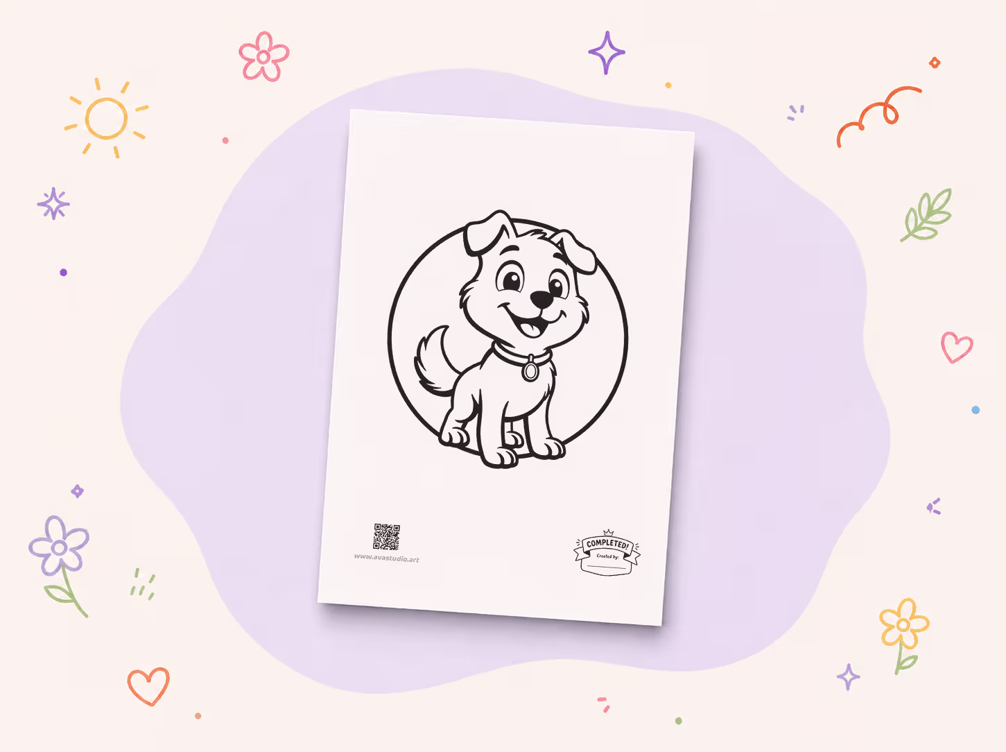 Printed smiling puppy dog coloring page on a decorative background