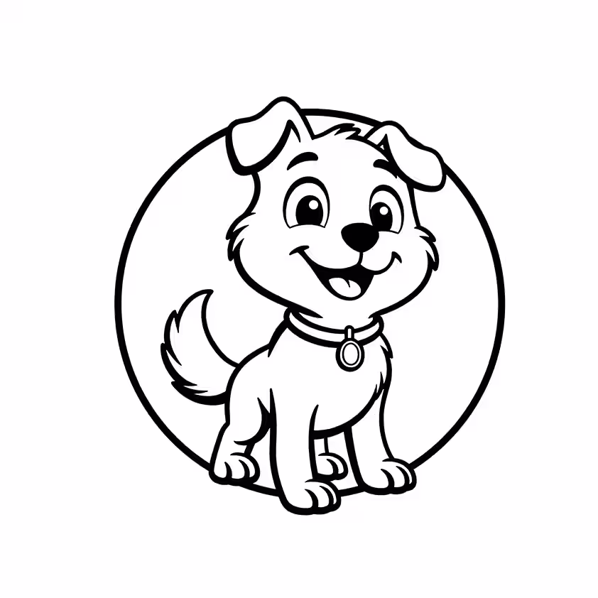 Smiling puppy with wagging tail inside a circular frame coloring page