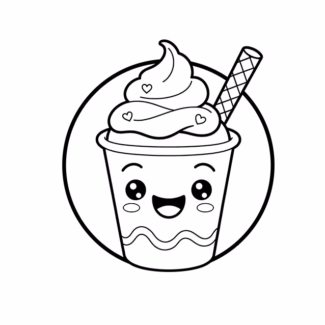 Smiling soft serve ice cream cup with hearts and wafer stick coloring page