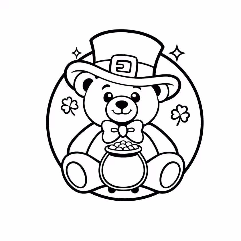 Bear holding a pot of gold surrounded by clovers coloring page